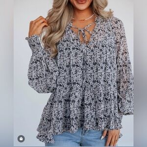 By Together Boho Floral Print Women's Top - Black and White